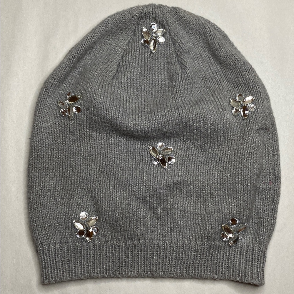 Betsey Johnson Grey Knit Jewel Rhinestone Embellished Beanie Hat One Size